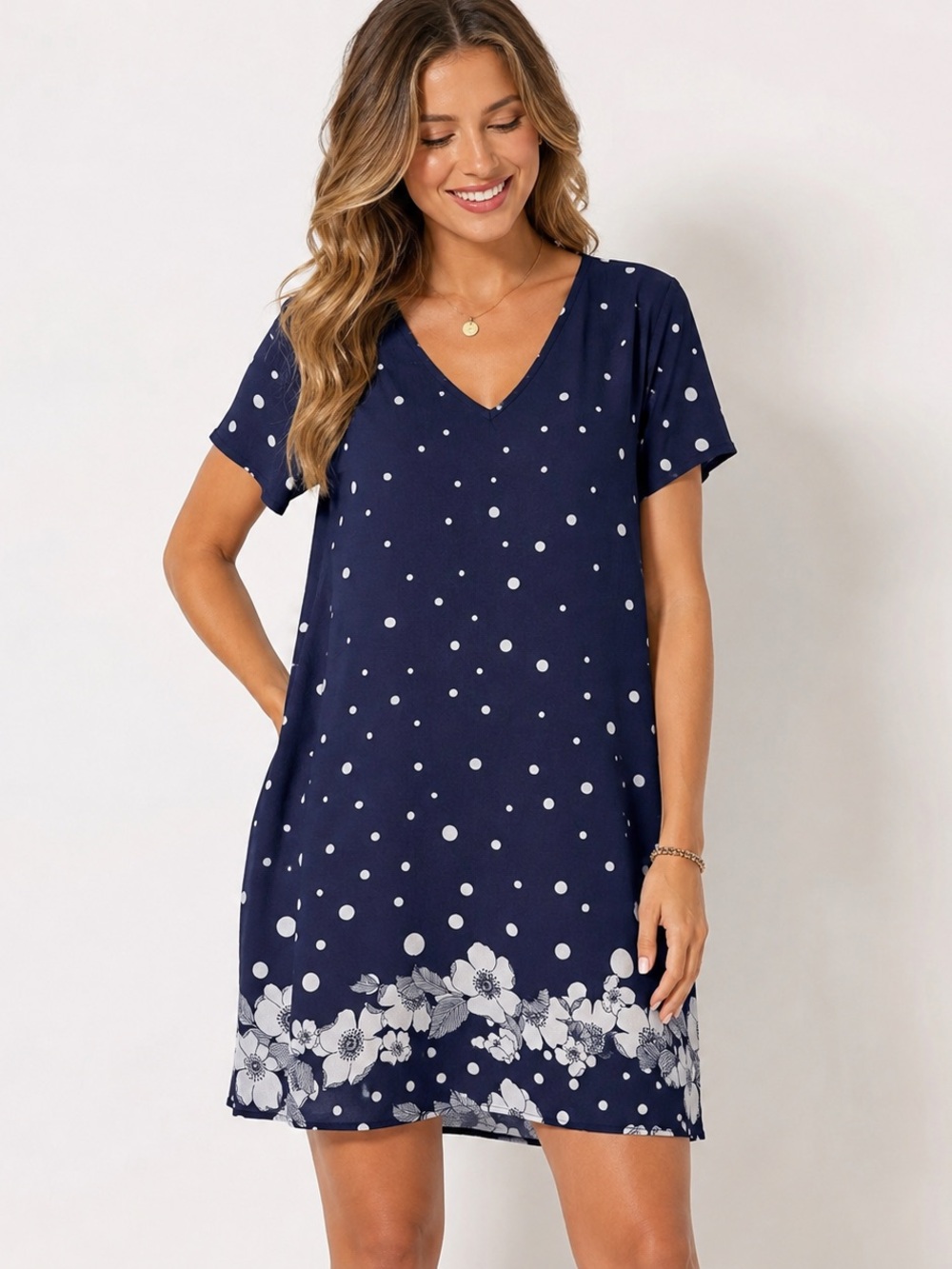 Emery Rose Women’s Navy Polka Dot Floral V-Neck dress lightweight shift XL